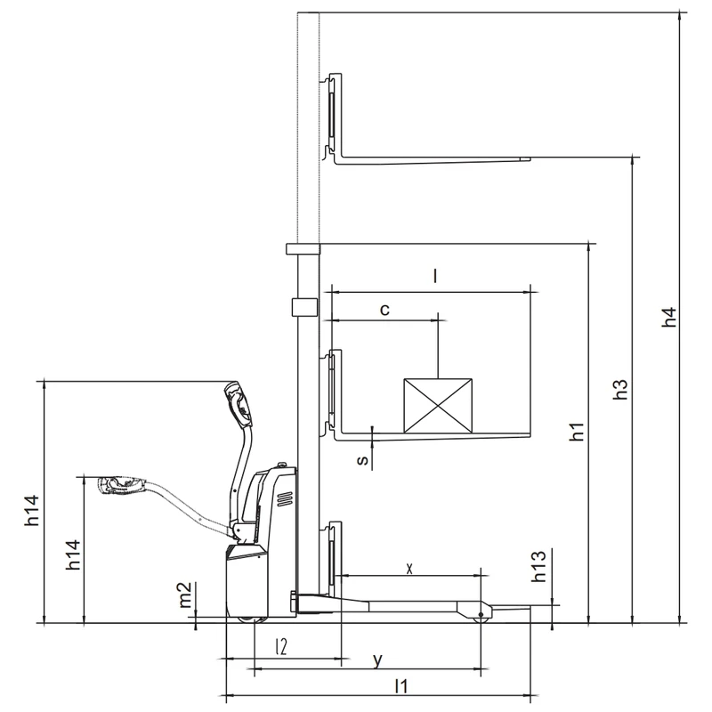 Vista dell'impilatore elettrico a razze larghe per pallet EVV10B-PV, EVV12B-PV ed EVV15B-PV