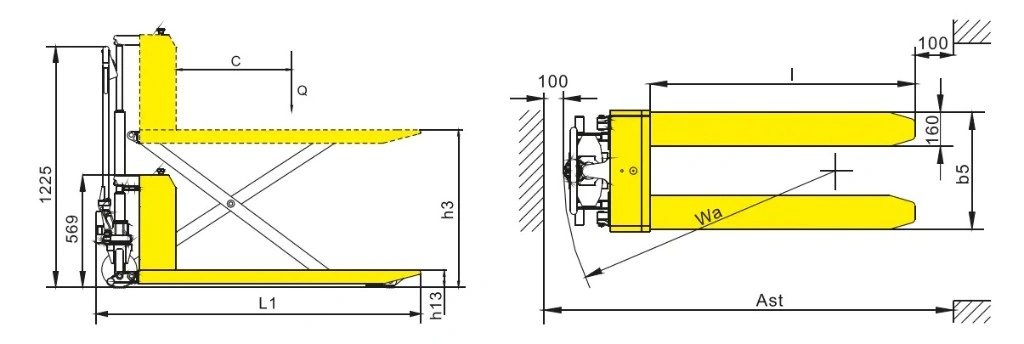 Dimensioni del transpallet a forbice semielettrico PESV8 1000 kg