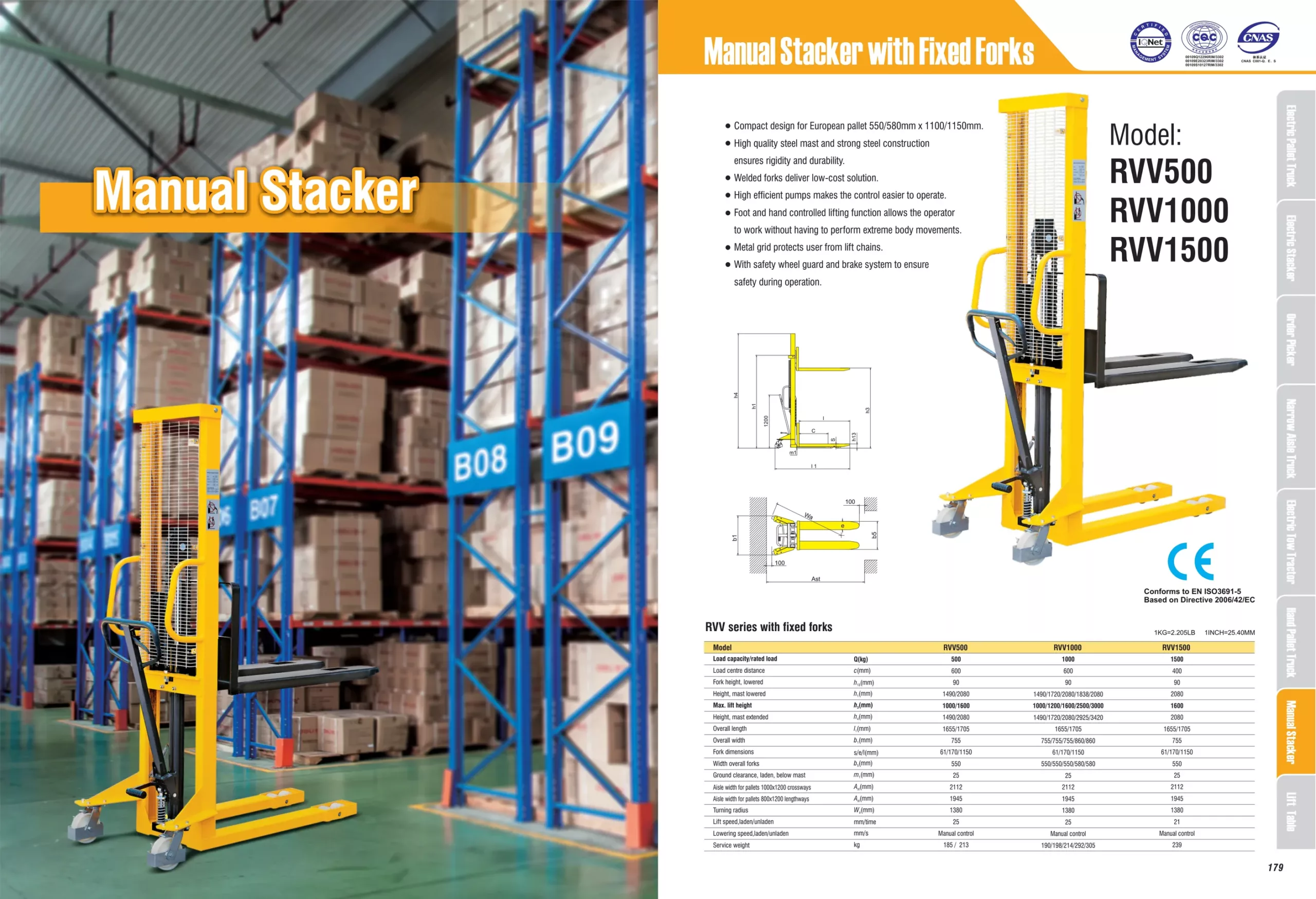 Vista dell'impilatore manuale idraulico RVV500 per pallet EUR