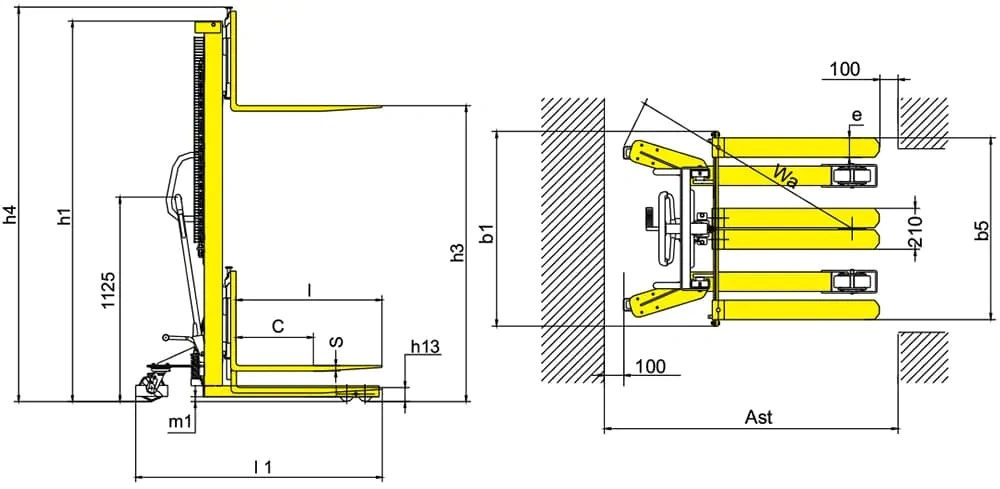 Dimensioni dell'impilatore manuale RVV2000-KPV da 2000 kg