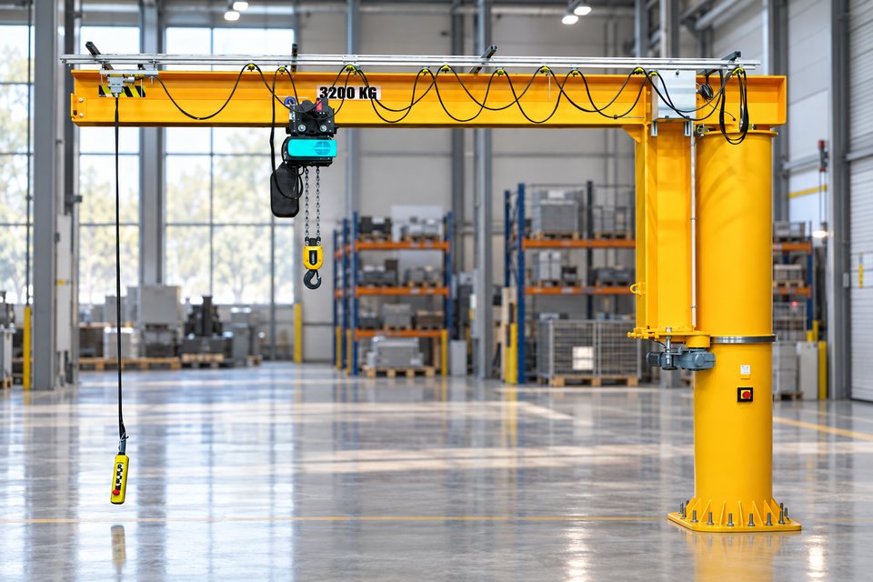 Gru a bandiera a colonna a rotazione completa Comege RSD con paranco elettrico a catena in un capannone industriale
